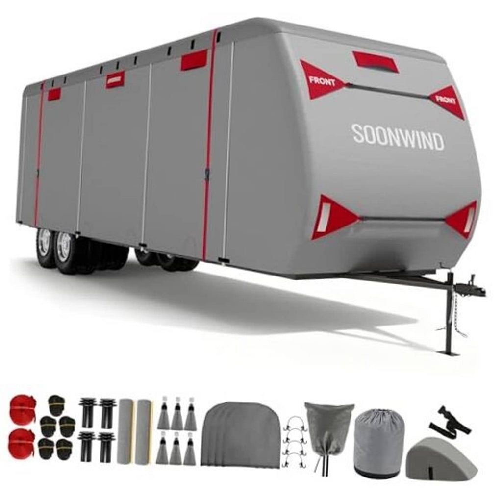 Heavy duty 7-layer RV cover in gray with red trim plus included accessory pieces.