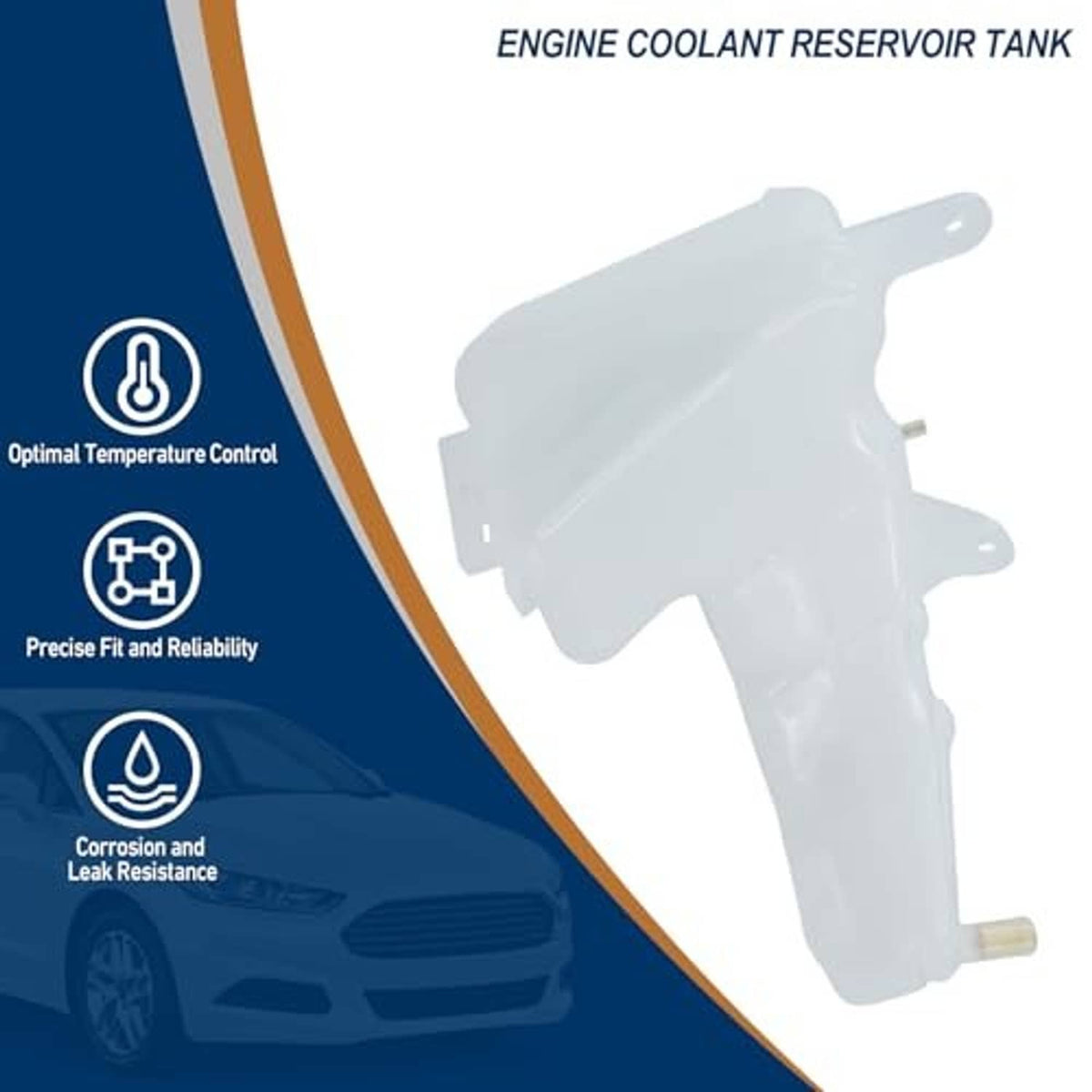 White engine coolant reservoir tank shape with mounting holes, graphic