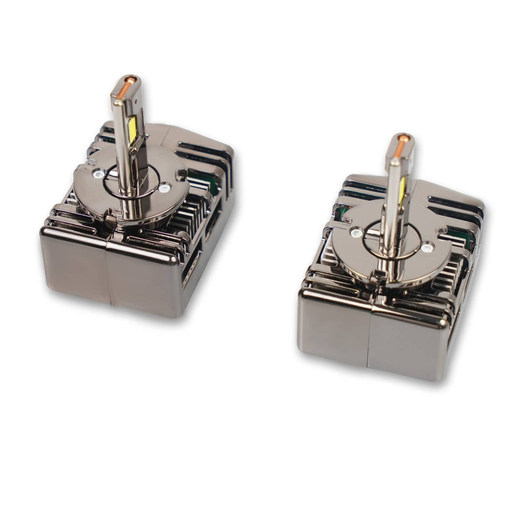 Two D5S LED headlight bulbs with chrome-like housings and vertical LED emitters