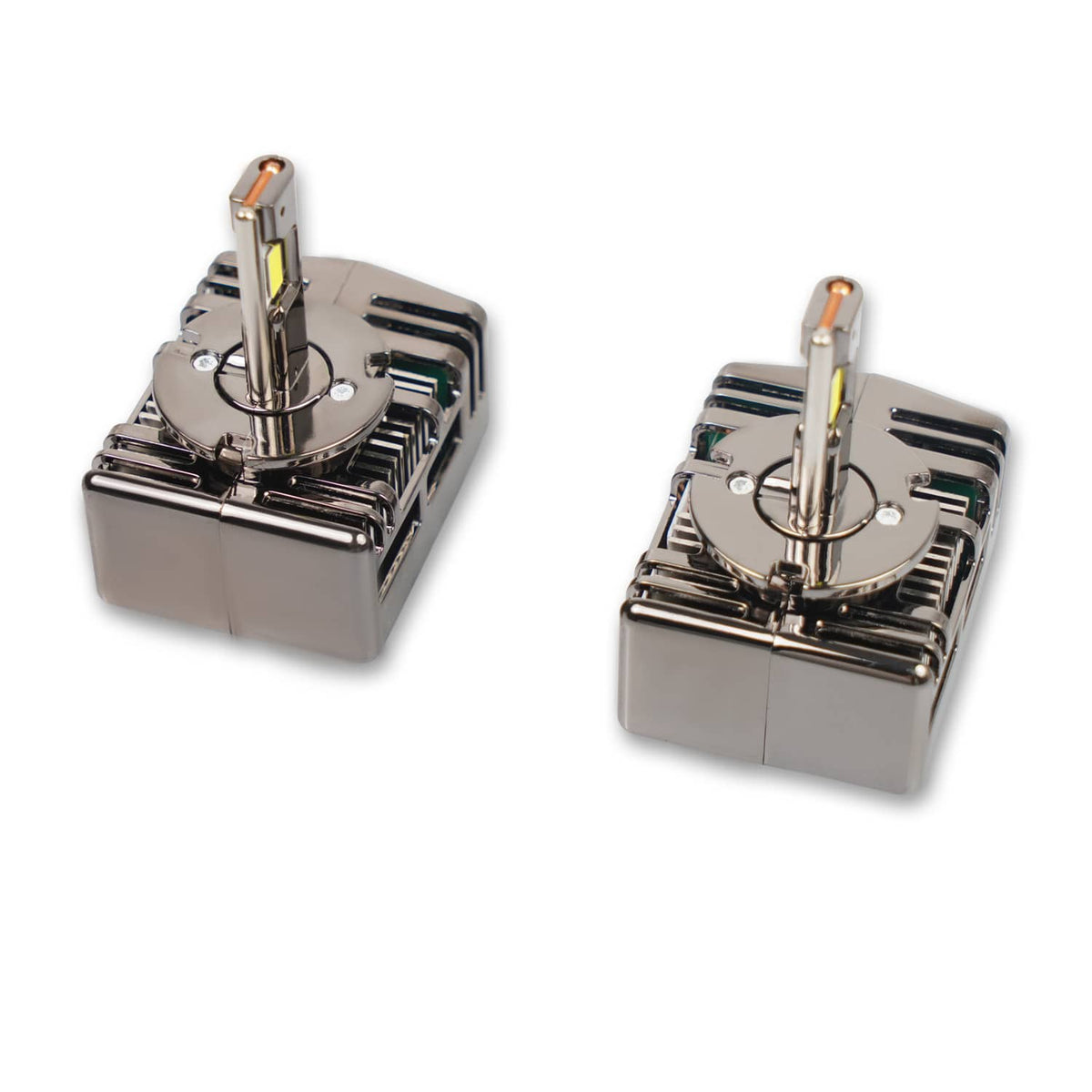 Two D5S LED headlight bulbs with chrome-like housings and vertical LED emitters