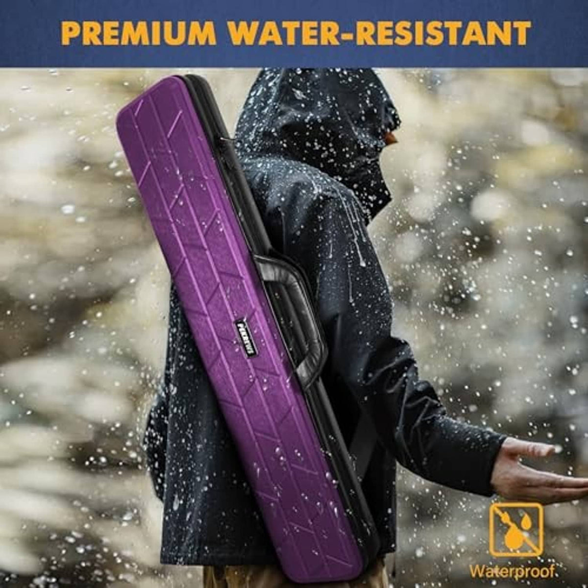 Purple hard pool cue case with water droplets, weather-resistant hard shell