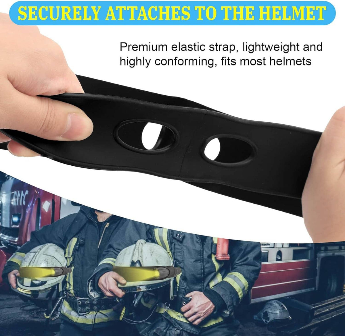 Black elastic helmet band with two side holes, held stretched by hands