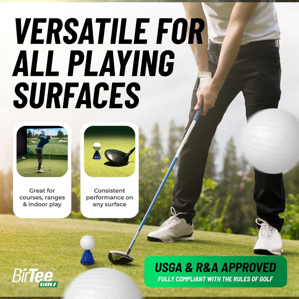 Blue golf tee with ribbed base for use on different playing surfaces