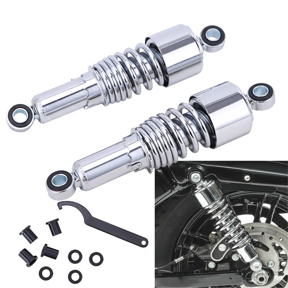 Chrome rear shock absorbers with coil springs plus installation fasteners and tools