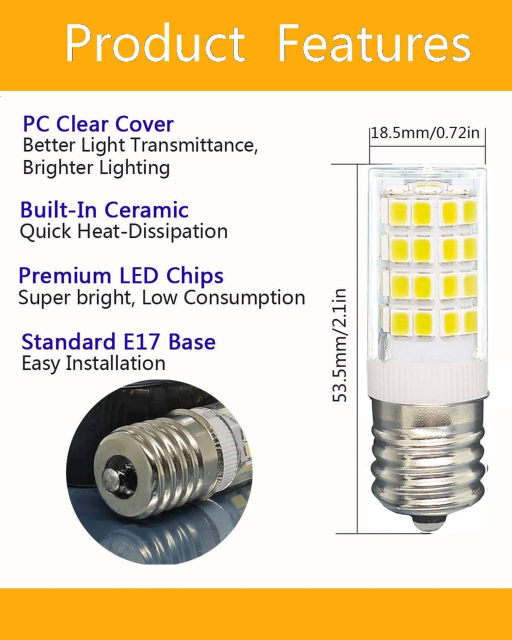 E17 LED bulb with clear cover, frosted sleeve, and ceramic heat-dissipation design