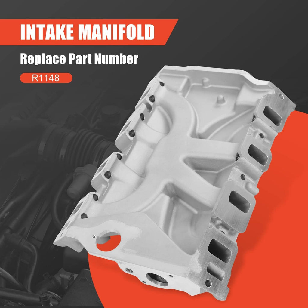 Aluminum intake manifold in angled view with port cutouts and mounting bolt holes