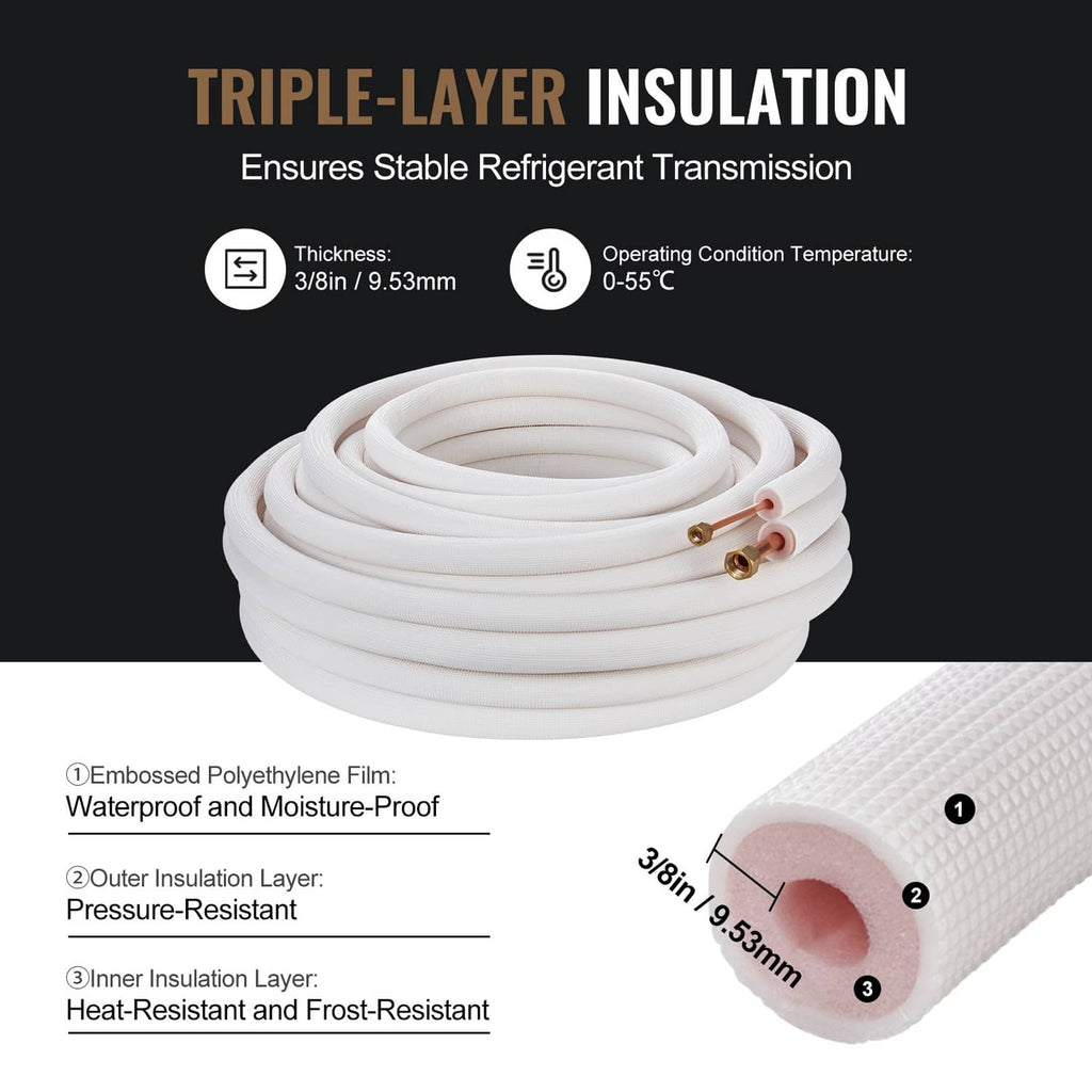 Triple-layer insulated mini split line set with white jacket and copper tube ends
