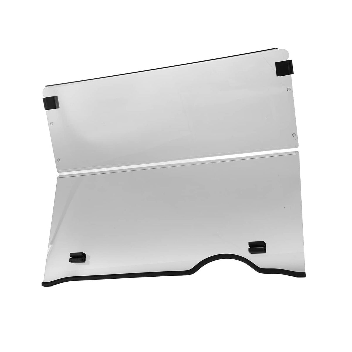 Tinted front golf cart windshield panel with black mounting clips and curved bottom edge