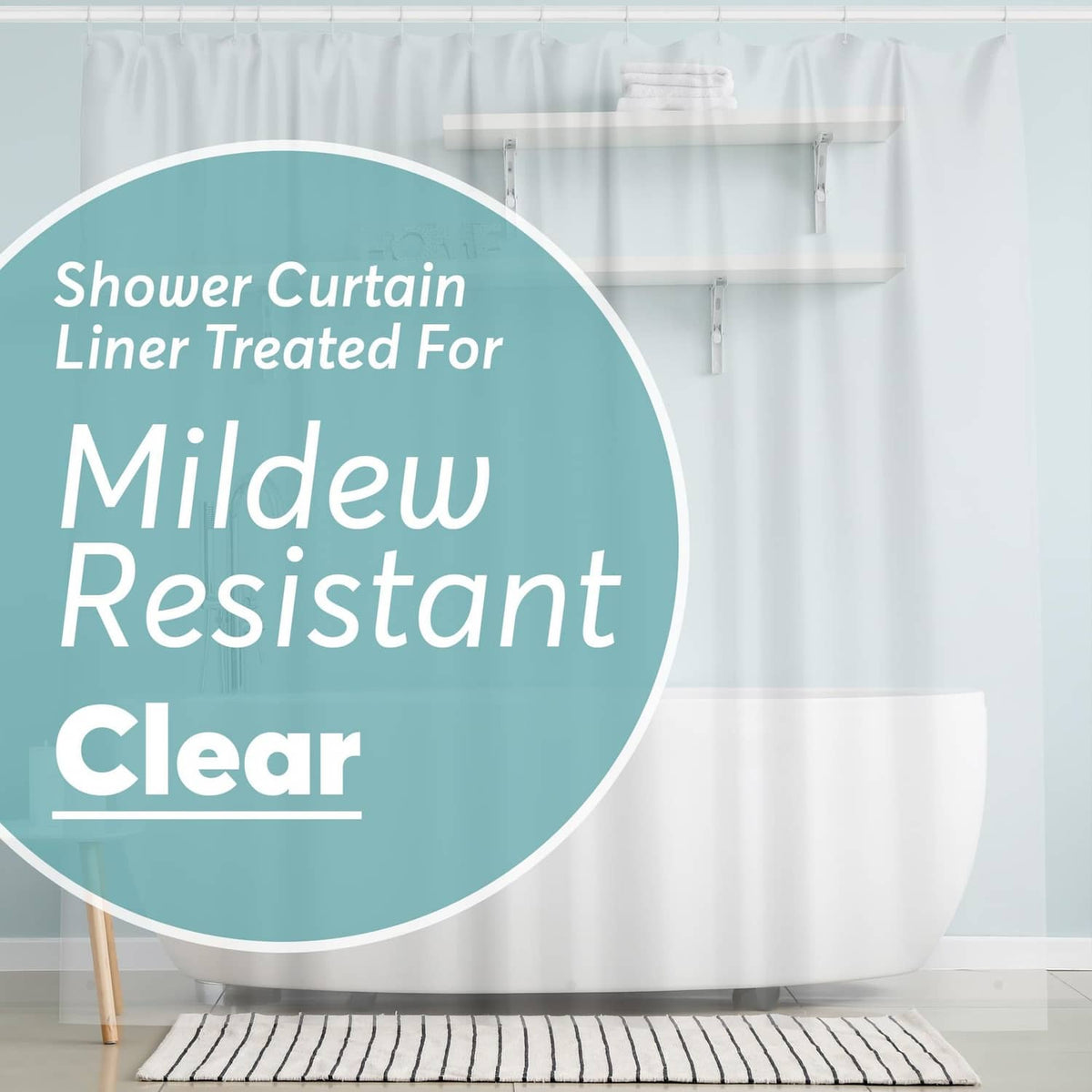 Clear PEVA shower curtain liner, mildew-resistant, 72 in x 72 in