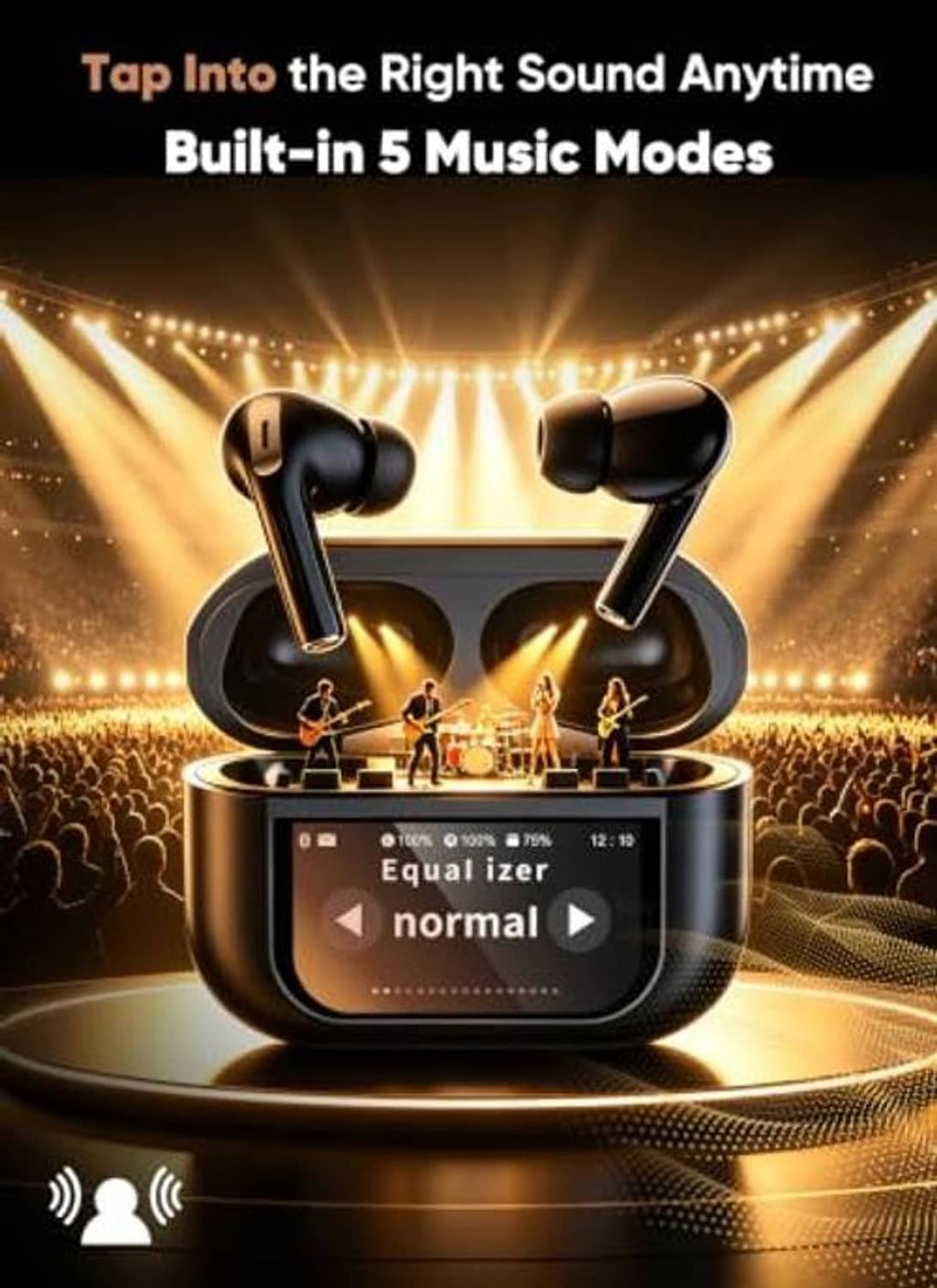 Black earbuds in open case with five music modes and equalizer feature graphic