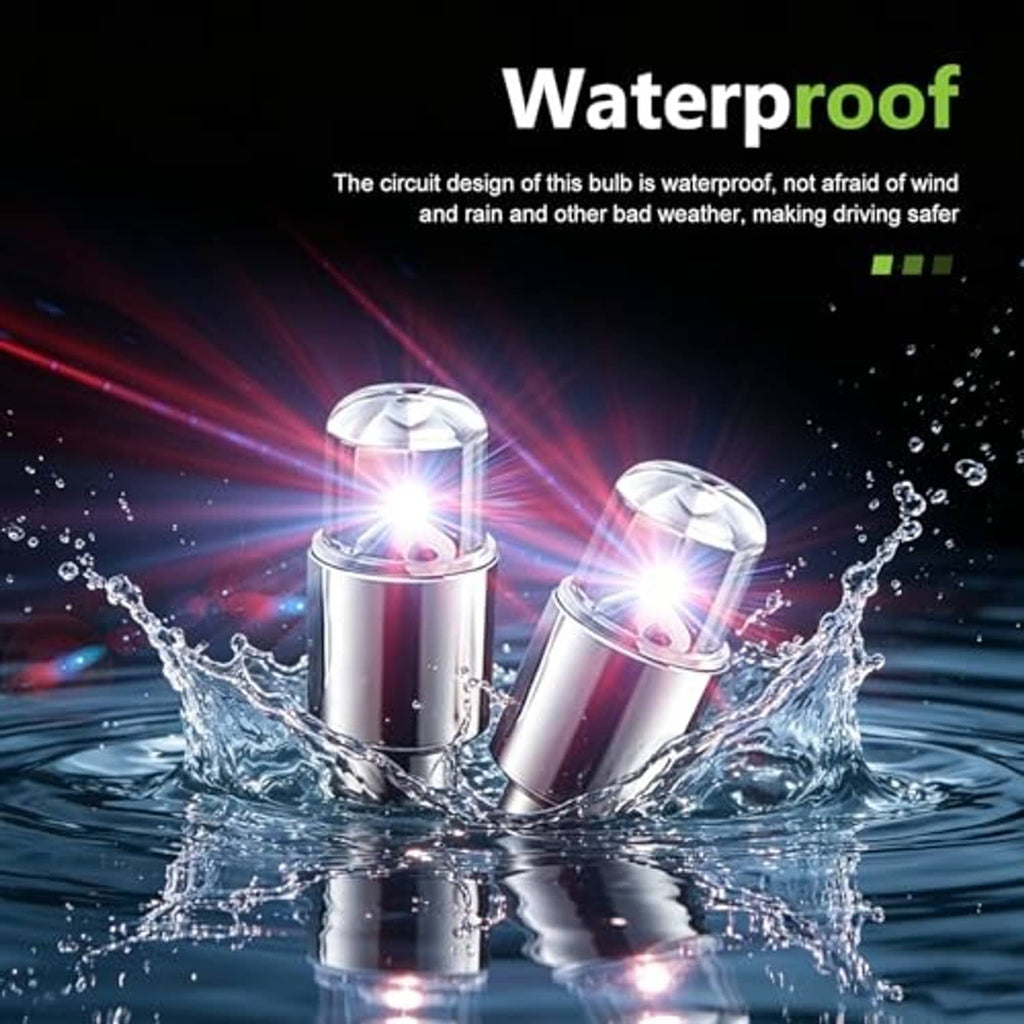 Waterproof LED tire valve stem caps, silver metal with clear domes, lit with water splash