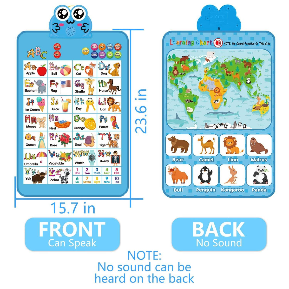 Blue alphabet chart: front labeled can speak, back labeled no sound, 23.6 in
