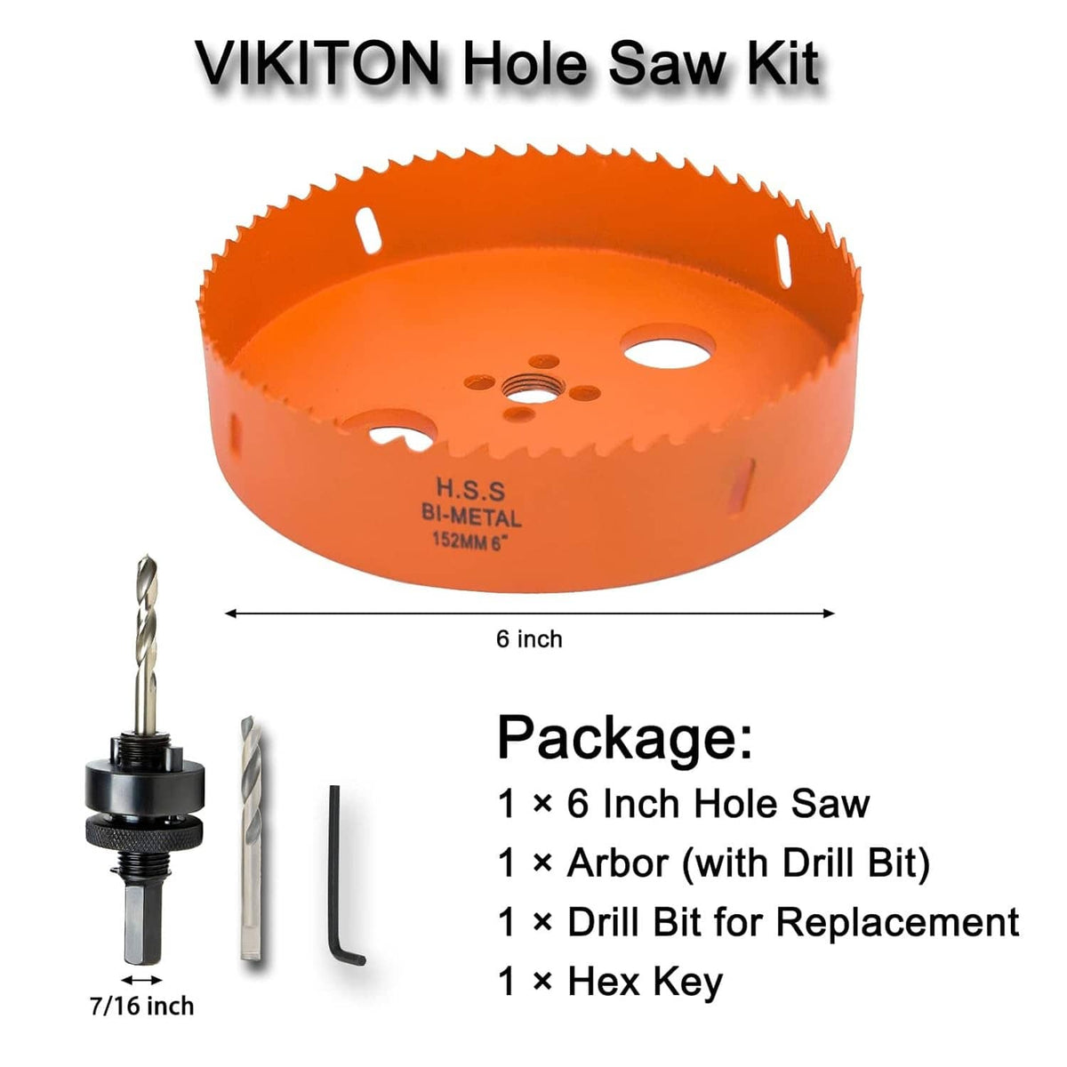 Orange 6-inch hole saw kit with arbor, drill bit, and hex key, labeled