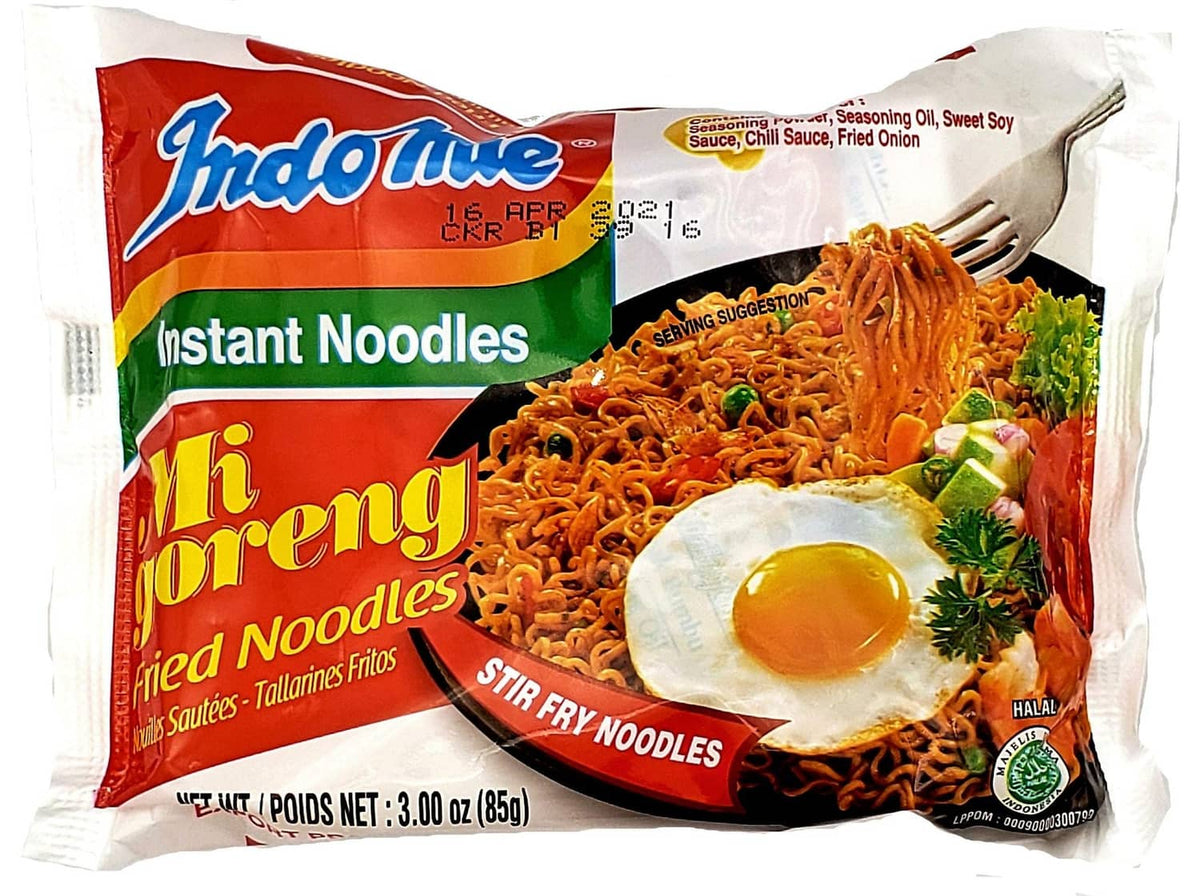 Indomie instant noodles packet, stir-fry flavor with fried egg and vegetables