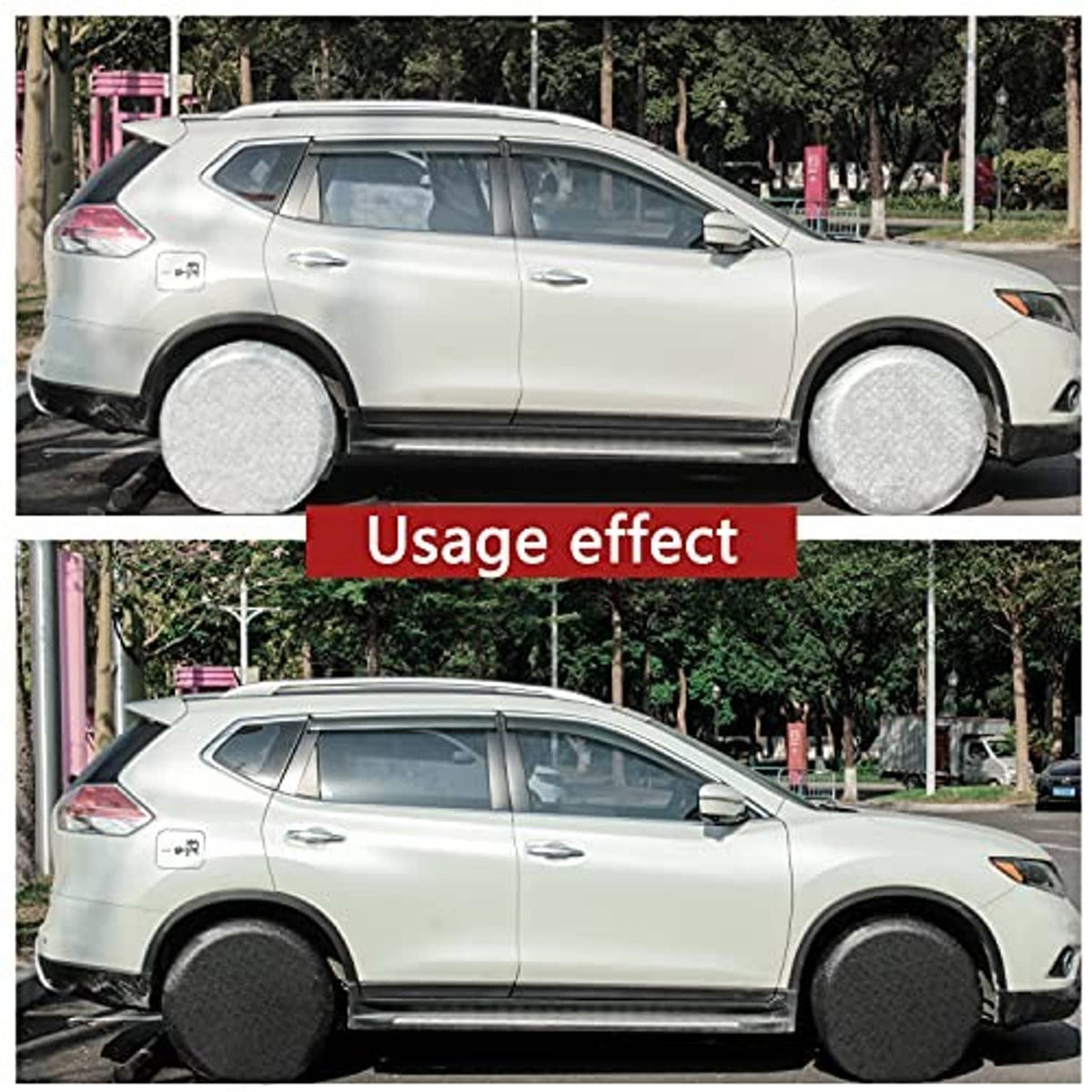 RV wheel tire cover usage shown on a vehicle with wheels covered by silver covers
