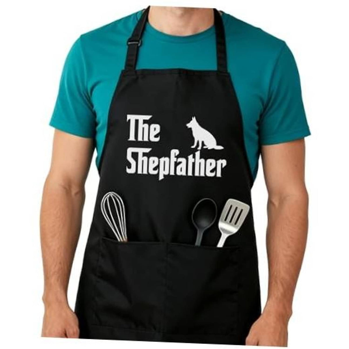 Black adjustable kitchen apron with printed shepherd and utensil tools on front
