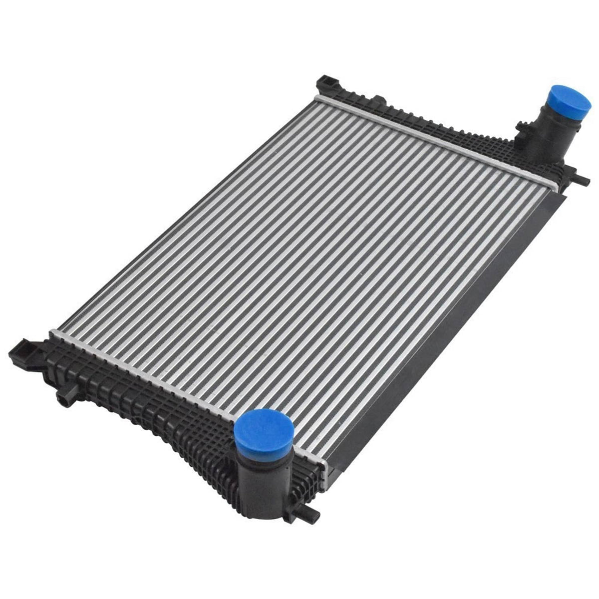 Turbo intercooler charge air cooler, diagonal view with silver core and blue top fitting