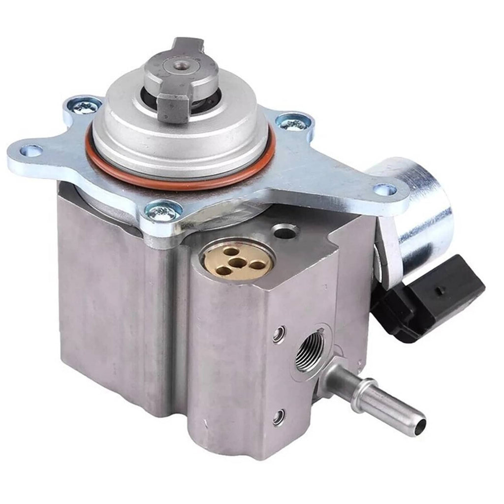 High-pressure fuel pump assembly with metal housing, mounting bracket, and electrical connector