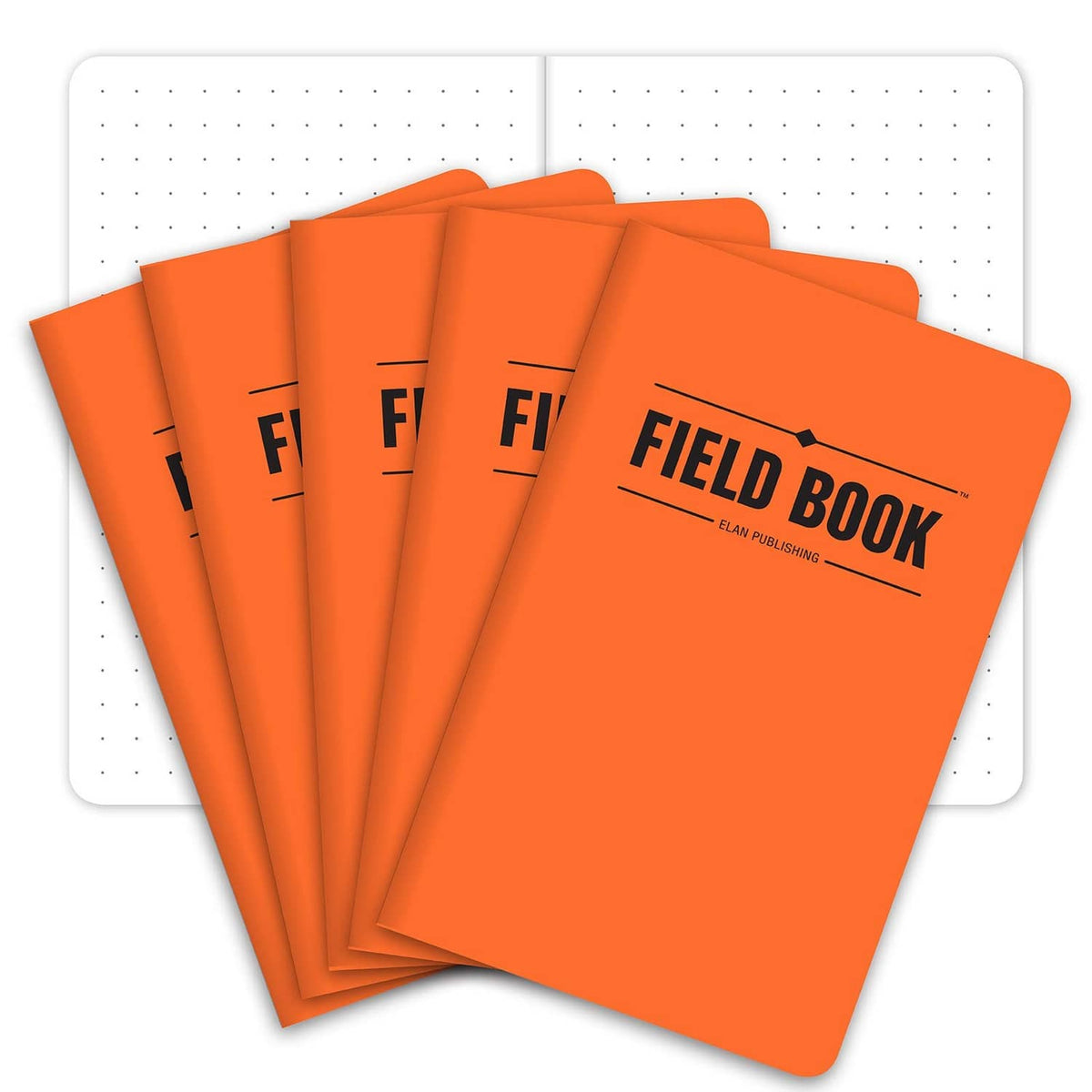 Set of five orange pocket memo notebooks with dotted grid pages, 3.5x5.5 in