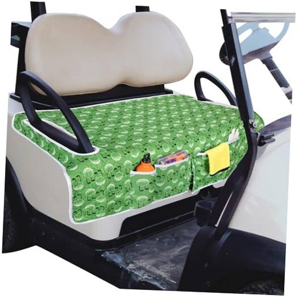 Universal green golf cart seat cover with golf ball pattern, fitted over front bench seat