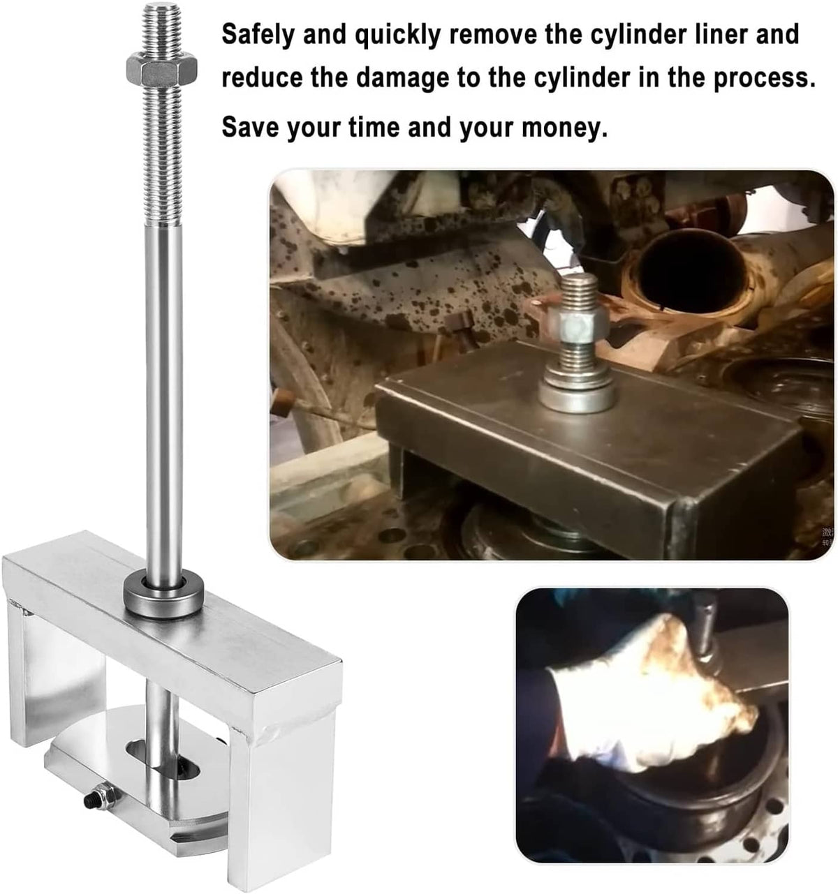 Cylinder liner puller tool with silver clamp and vertical threaded screw