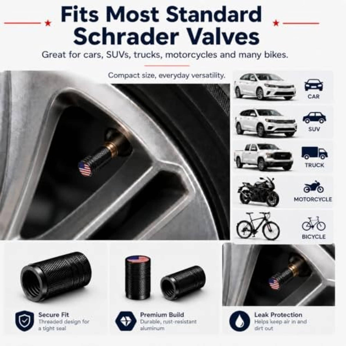 Black metal tire valve stem caps with American flag tops, knurled grip