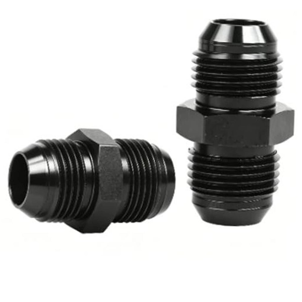 Black AN flare male-to-male fuel hose connector, hex base, threaded aluminum fitting, straight