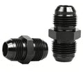 Black AN flare male-to-male fuel hose connector, hex base, threaded aluminum fitting, straight