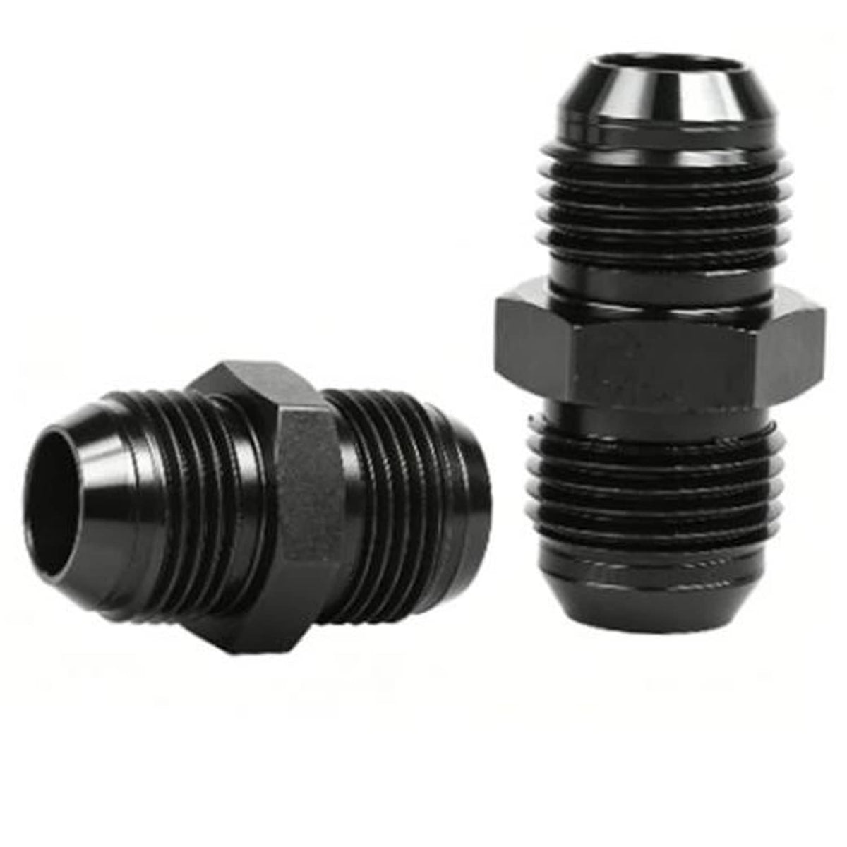 Black AN flare male-to-male fuel hose connector, hex base, threaded aluminum fitting, straight