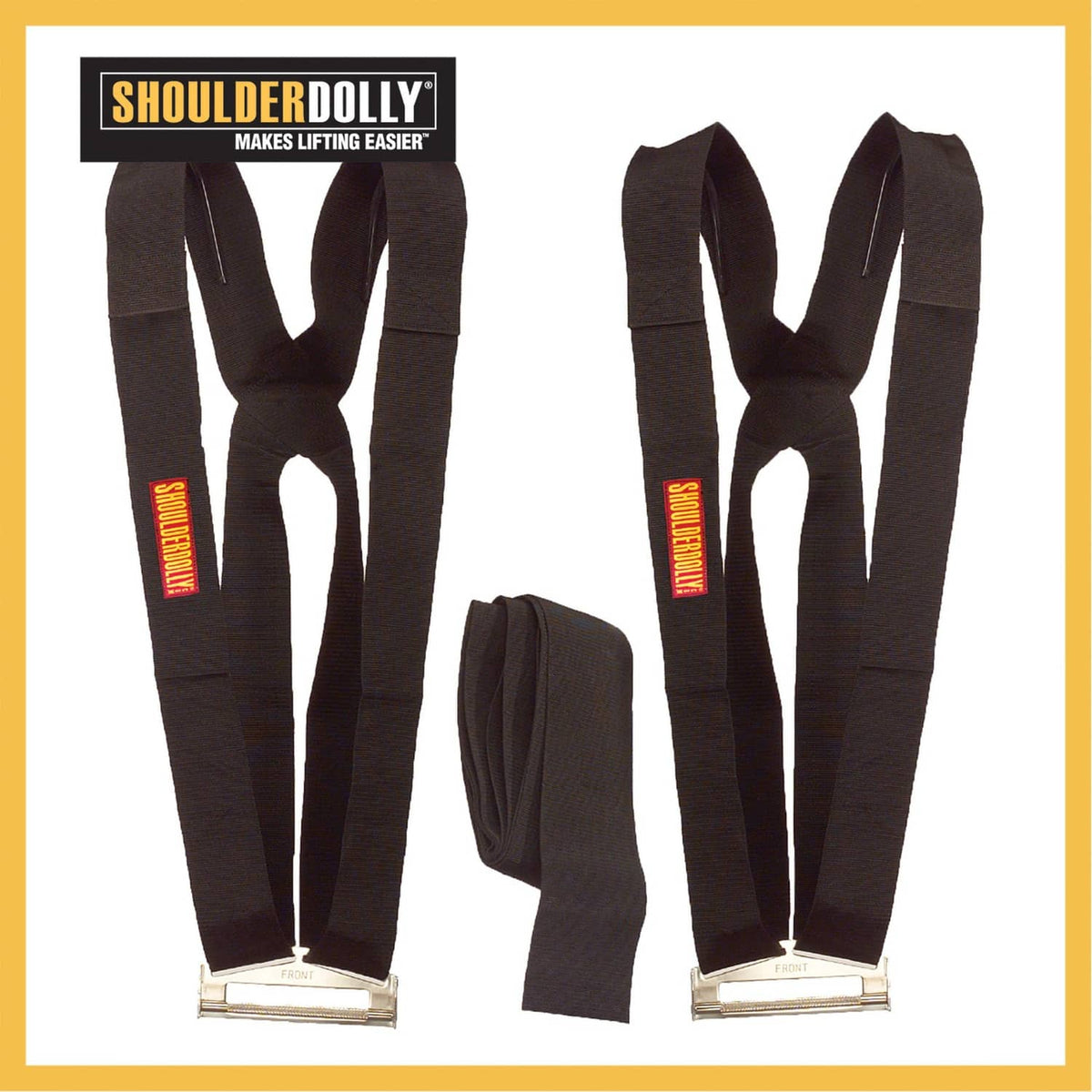 Set of black shoulder dolly moving straps with U-shaped lifting harness