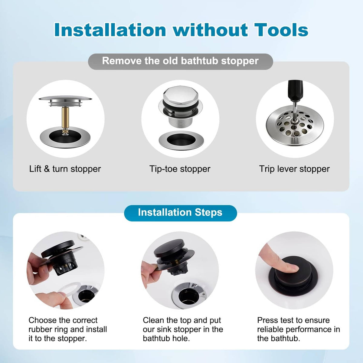 Black bathtub drain stopper with lift-and-turn style top and installation-ready base