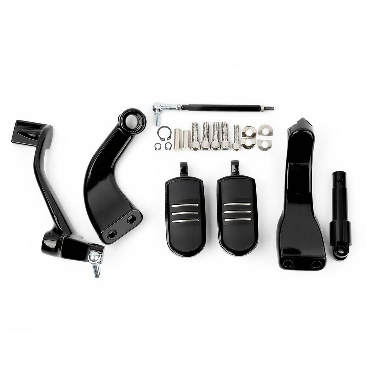 Complete black mid forward footpeg lever set with installation hardware and brackets