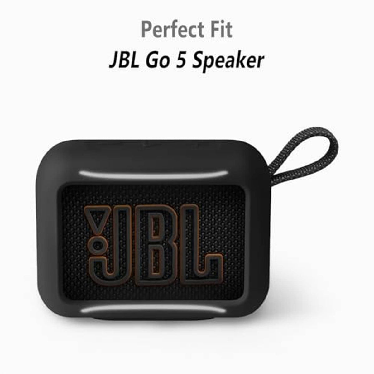Black silicone speaker case cover with JBL logo front panel and loop strap