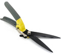 Yellow and dark gray grass shears with two long blades and safety lock