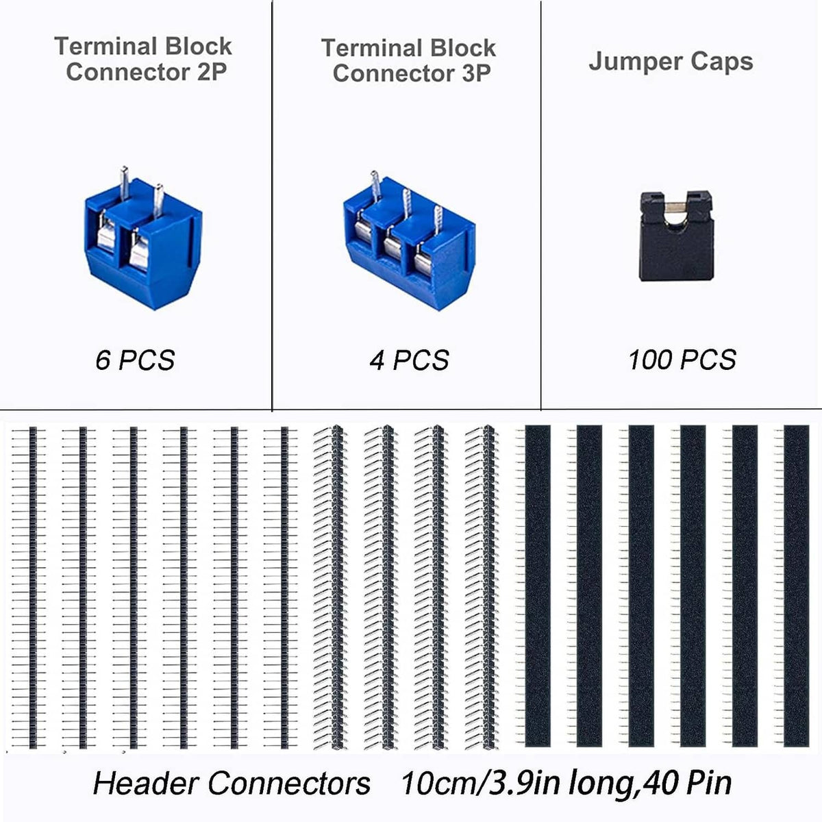 Circuit kit components: blue terminal block connectors, black jumper caps, header pins