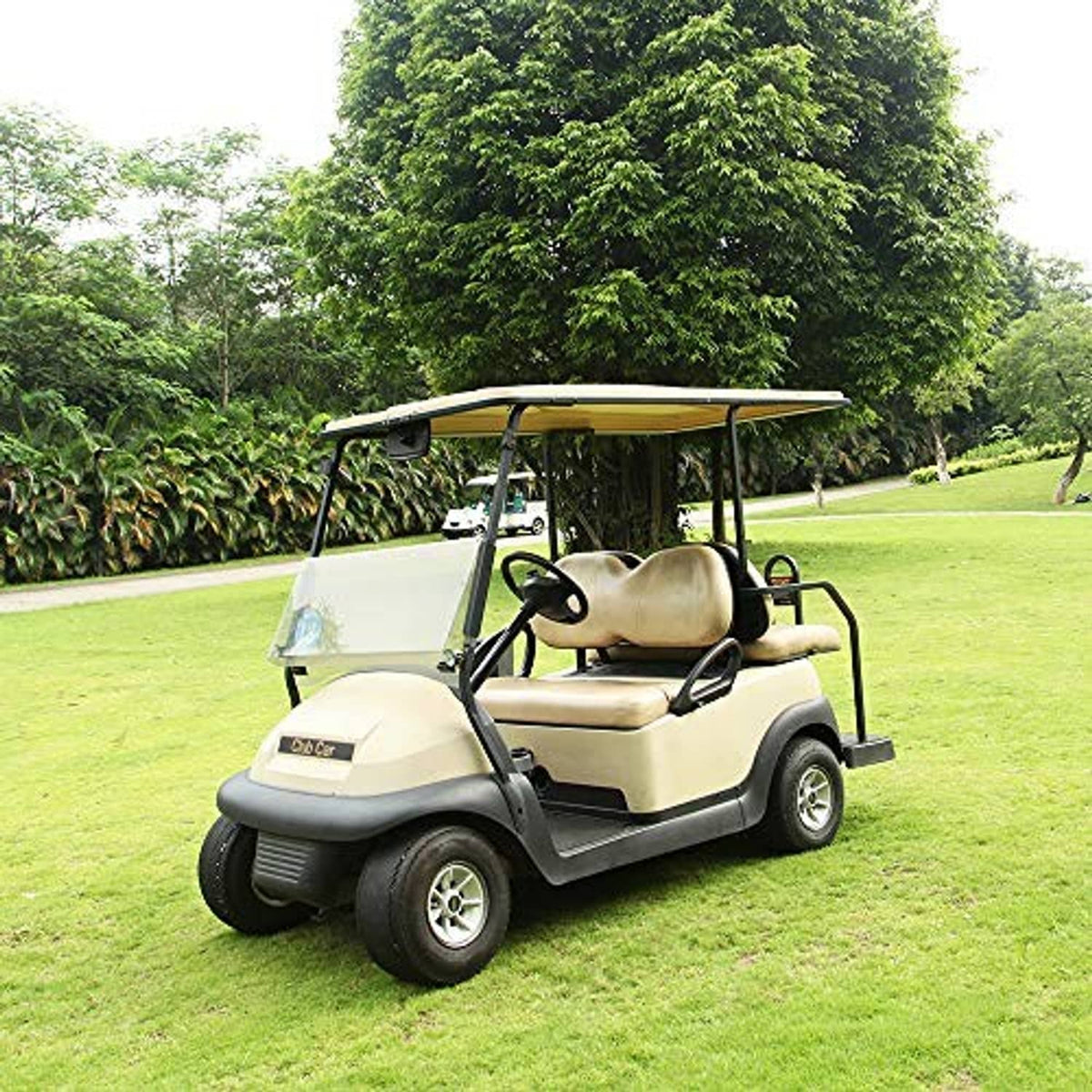 Golf cart with panoramic rear-view mirror installed near the windshield
