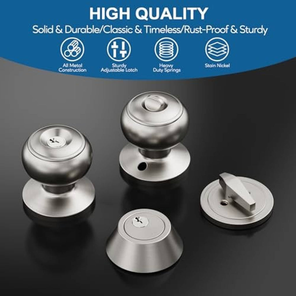 Satin nickel keyed entry door hardware set, knobs and cylinders