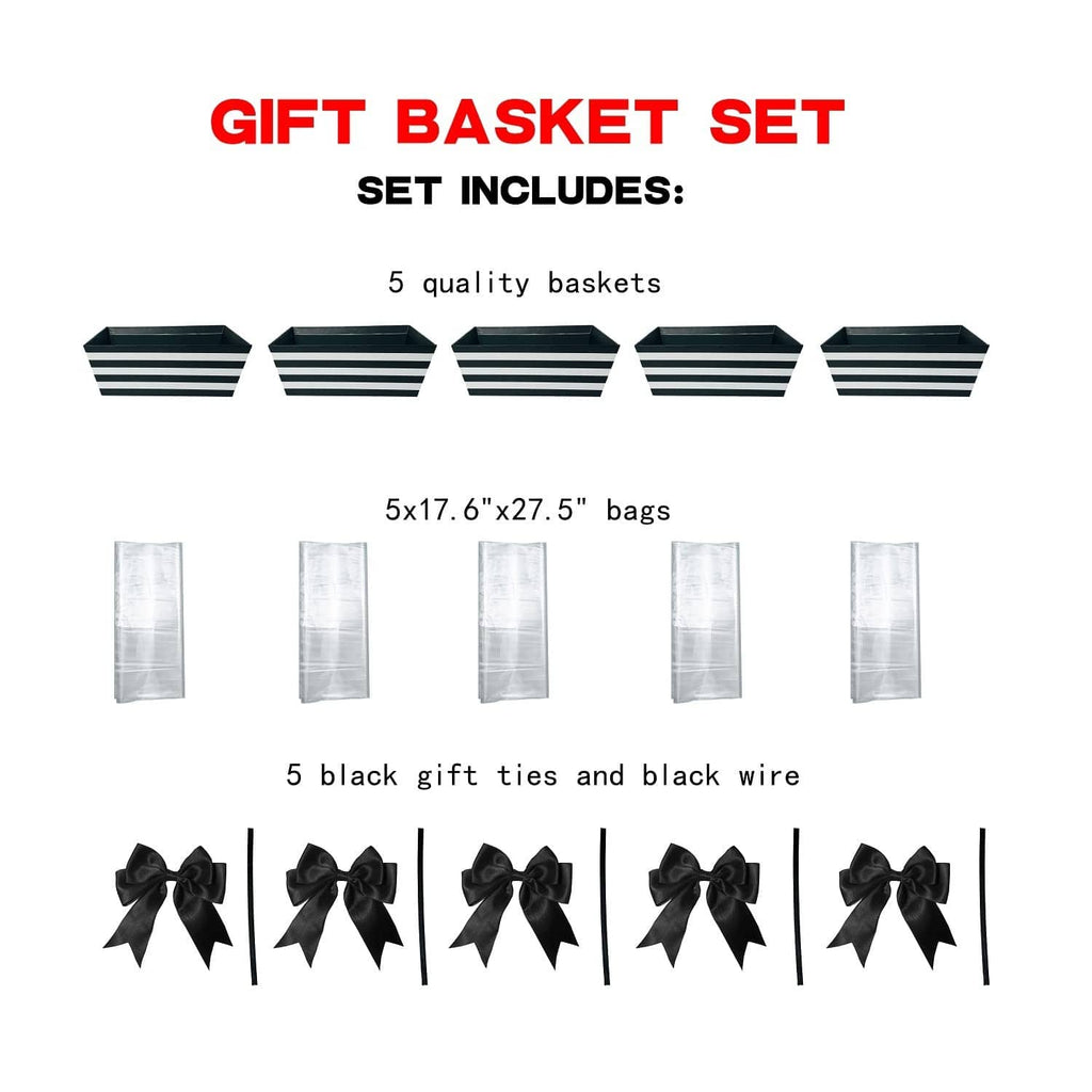 Set of five black and white striped gift baskets with clear bags and black ties
