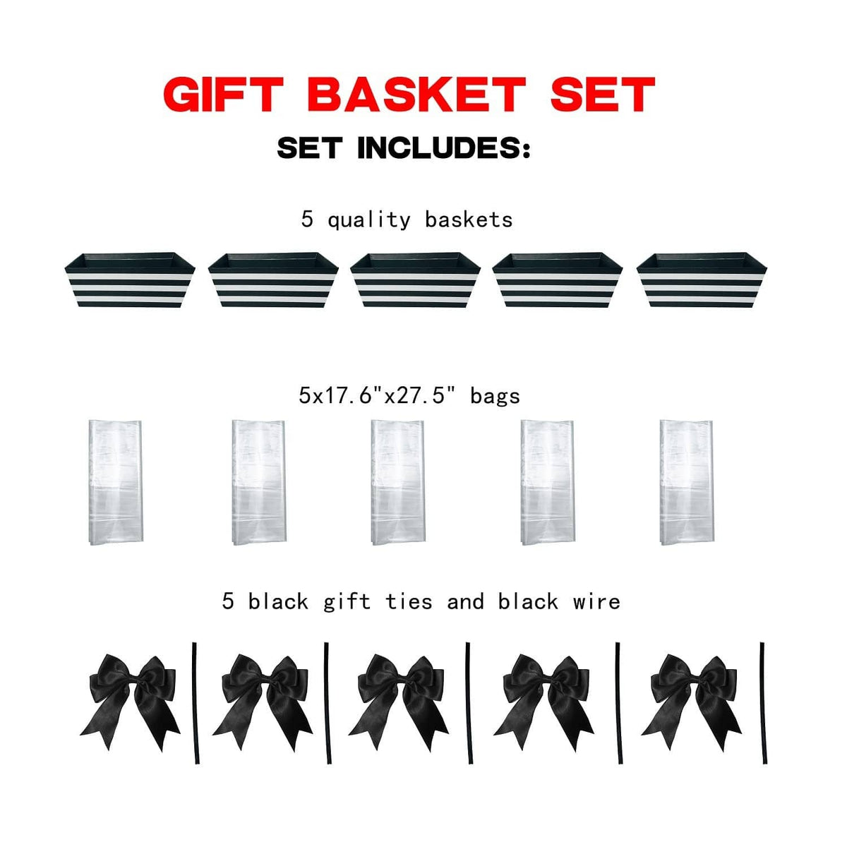 Set of five black and white striped gift baskets with clear bags and black ties