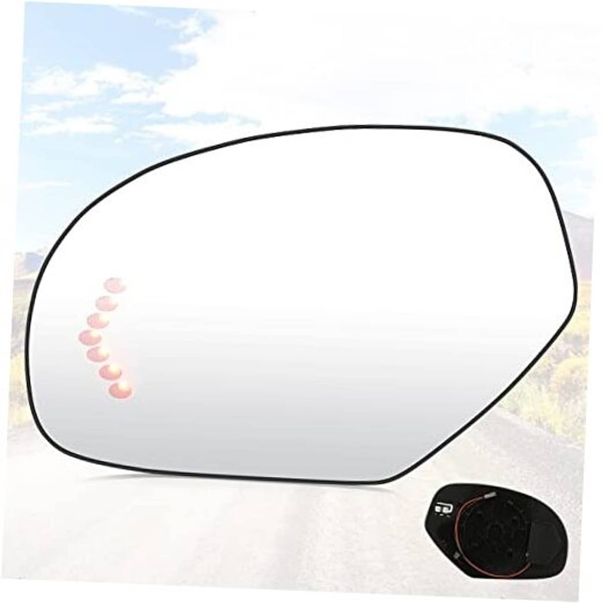 Left side mirror glass, oval clear lens with black outer trim
