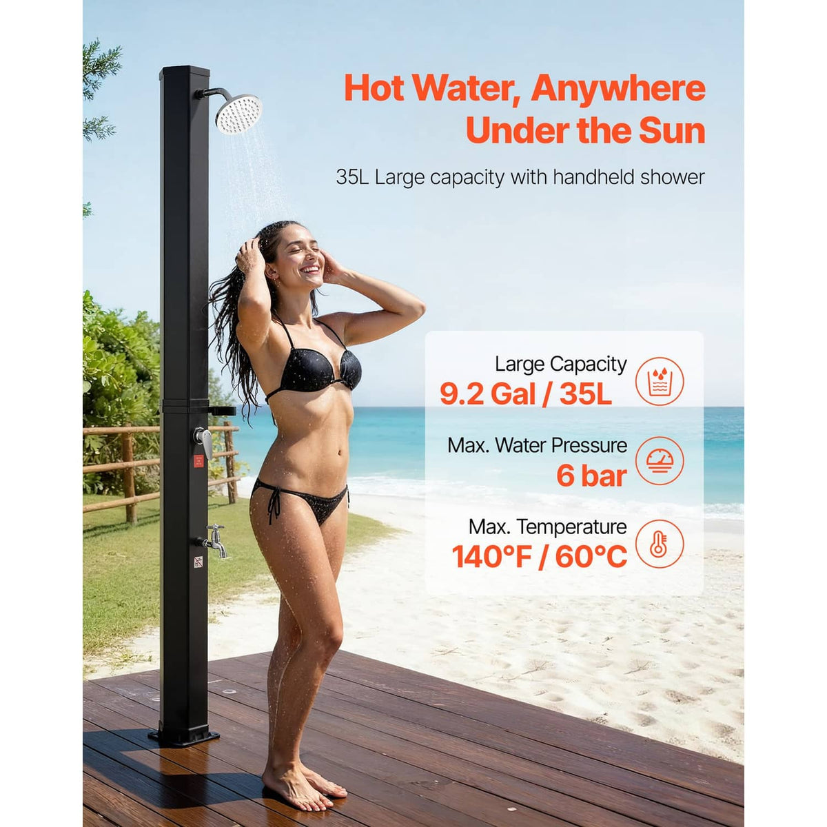 Outdoor solar shower with handheld shower head, foot faucet, and standing column