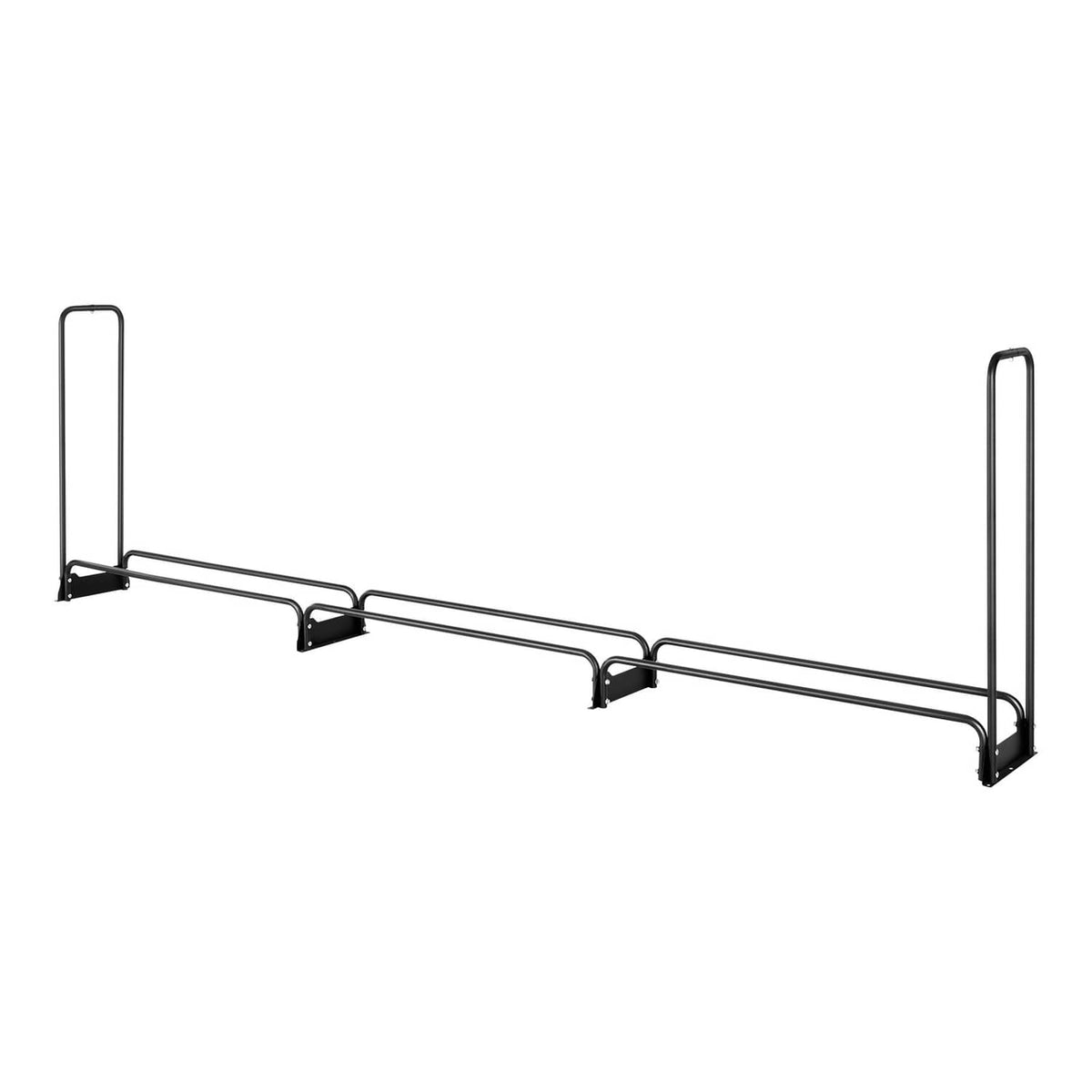 Empty outdoor firewood rack frame with vertical end posts and cross bars