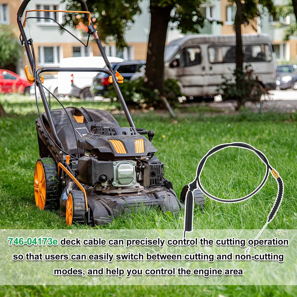 Lawn mower with black deck engagement cable featuring yellow connector and metal hook