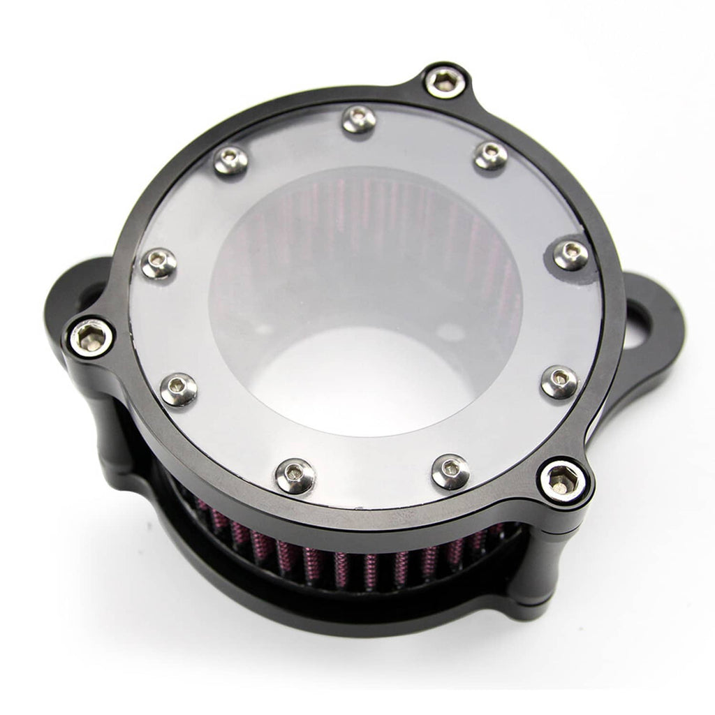 Air cleaner intake filter with black mounting base, clear center plate and purple pleated element