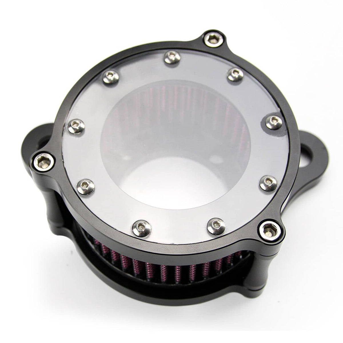 Air cleaner intake filter with black mounting base, clear center plate and purple pleated element