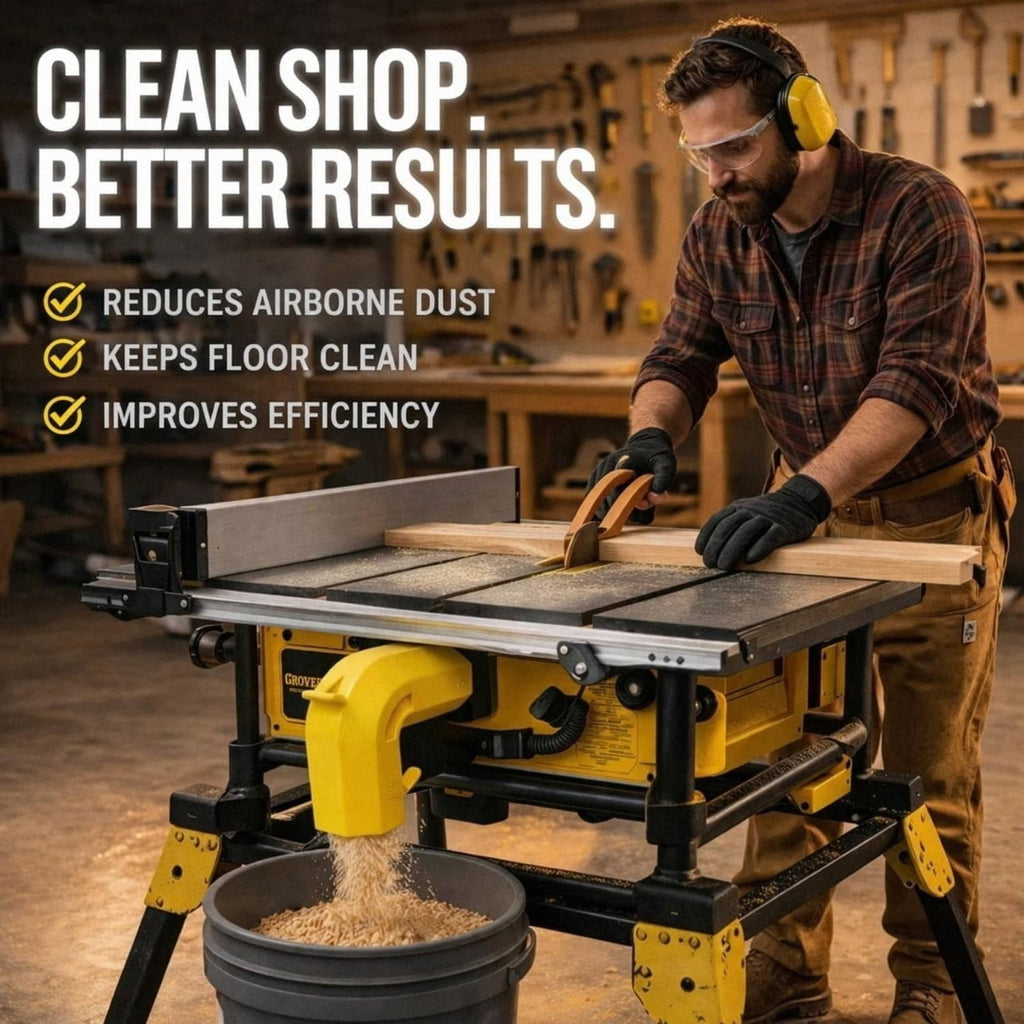 Yellow dual-port dust adapter mounted on table saw, connected to dust bucket