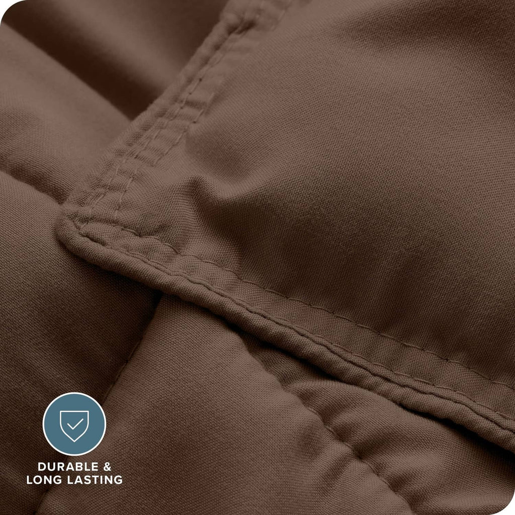 Cocoa brown comforter fabric with reinforced stitching close-up