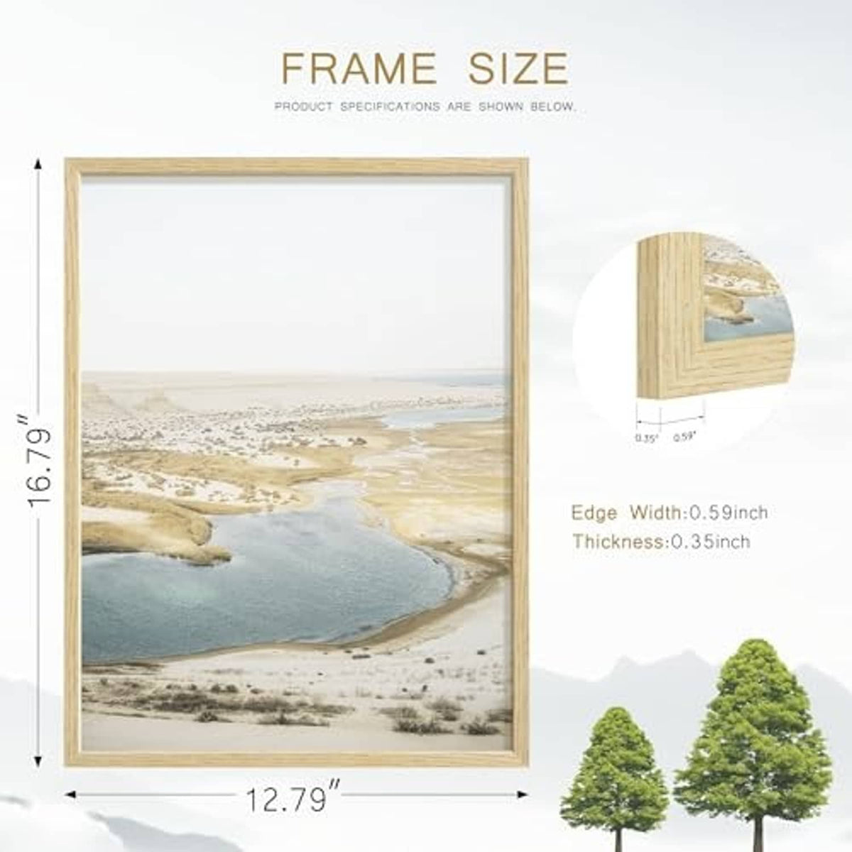 Natural wood picture frame, 12.79 by 16.79 inch outer dimensions