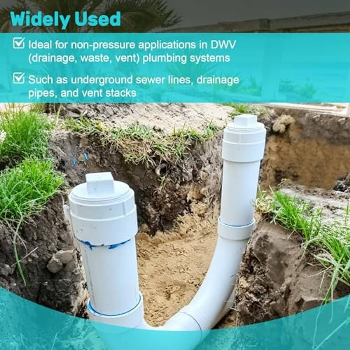 White PVC cleanout caps on vertical DWV drainage pipe sections