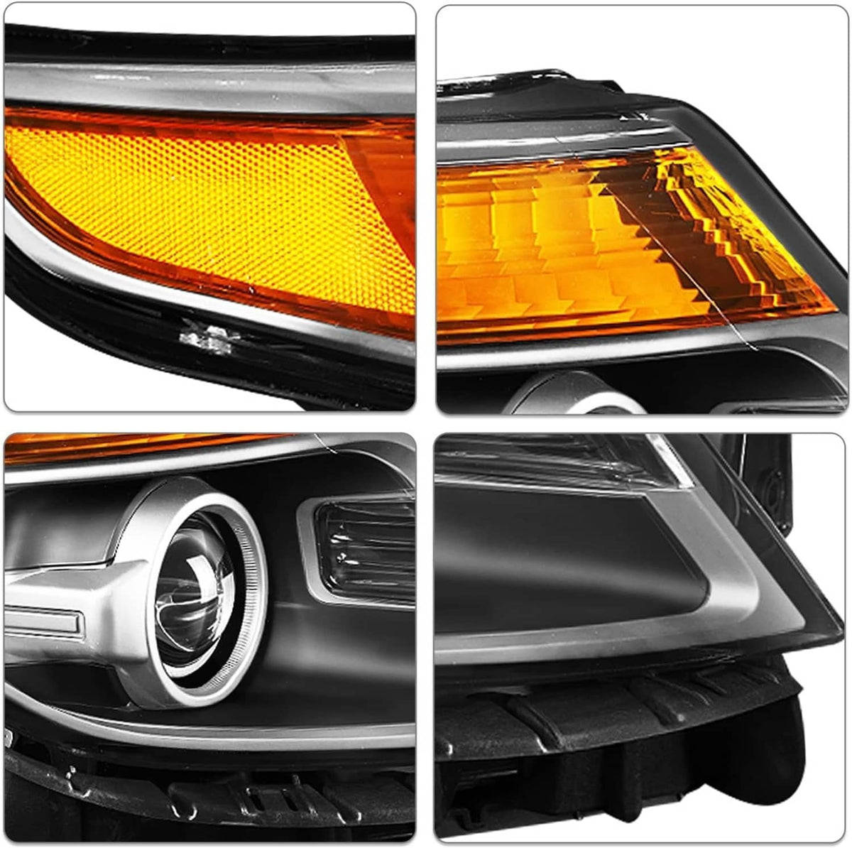Passenger-side headlight detail: amber lens, round projector ring, and black mounting base